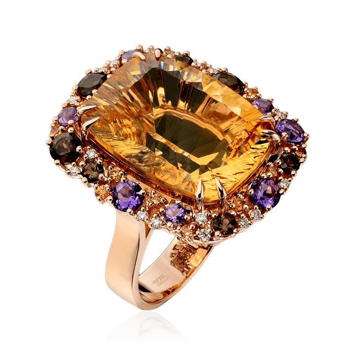 Кольцо с цитрином, сапфиром, бриллиантами, раухтопазом, аметистом, топазом, сапфиром фантазийным из желтого золота 585 пробы (арт. 36141)