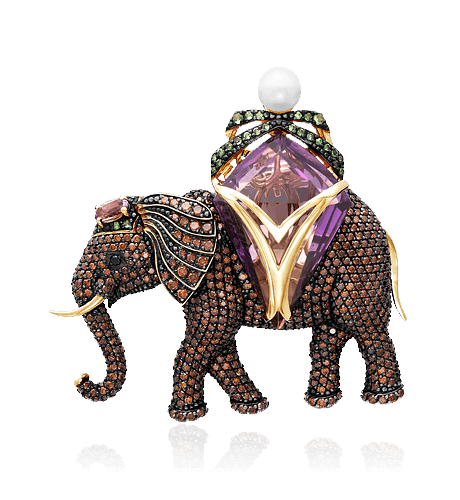 Брошь Слон с аметрином, жемчугом, аметистом, тсаворитом, бриллиантами из желтого золота 585 пробы (арт. 49907)