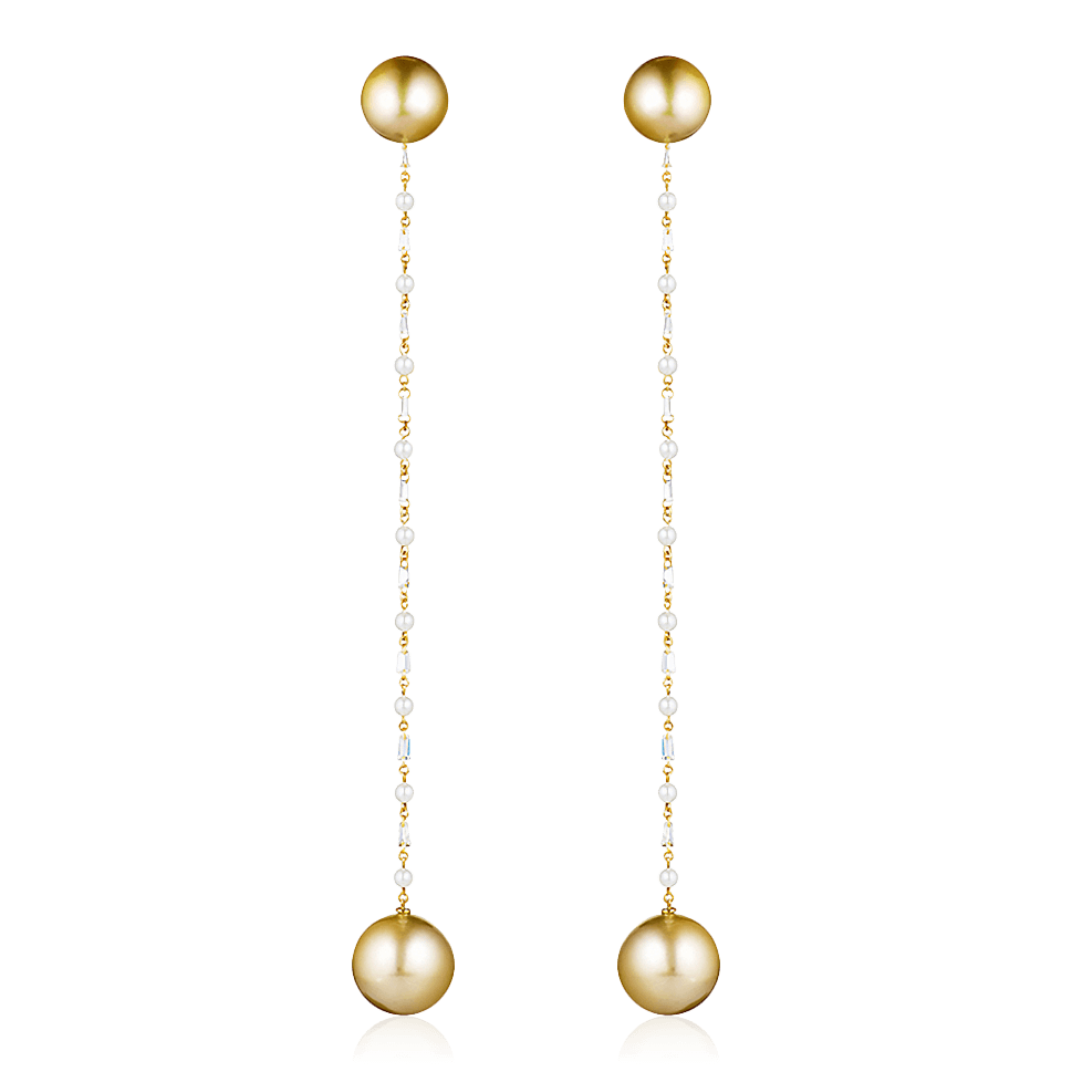 Длинные серьги с золотым жемчугом Южных морей и бриллиантами из желтого золота 750 пробы, фото № 1