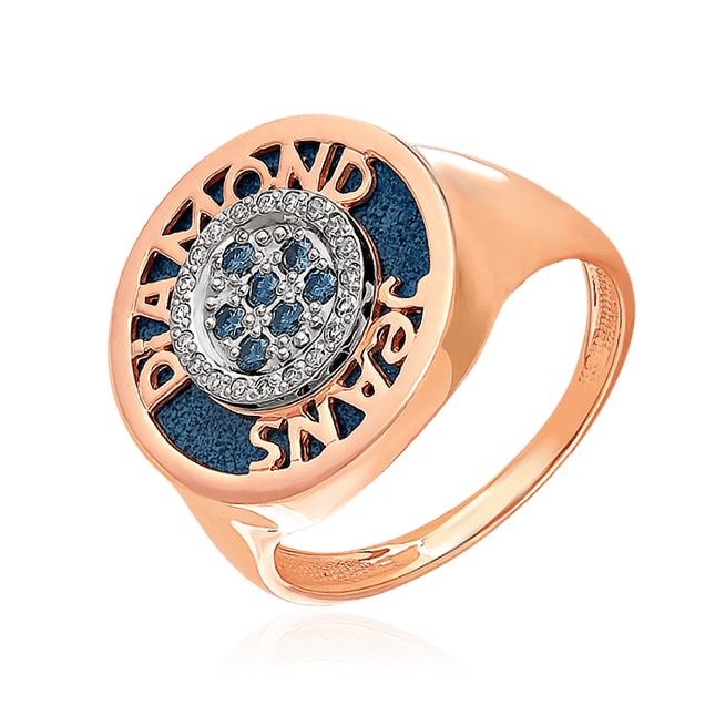 Крупное кольцо в виде пуговицы с надписью Diamond Jeans из красного и белого золота 585 с горячей эмалью и бриллиантами (арт. 41314)