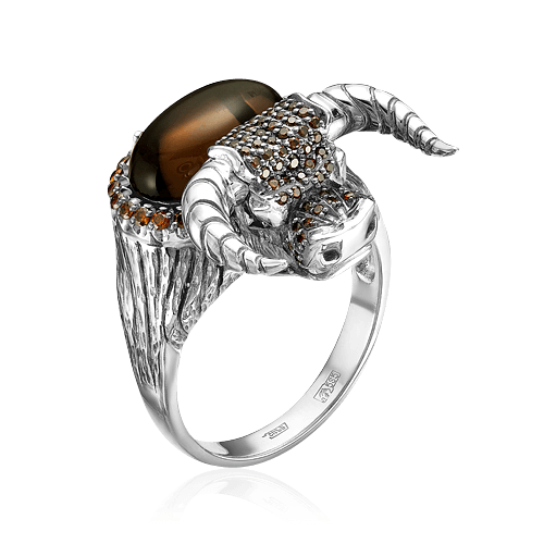 Мужское кольцо Бык с бриллиантами, кварцем из белого золота 585 пробы (арт. 57953)