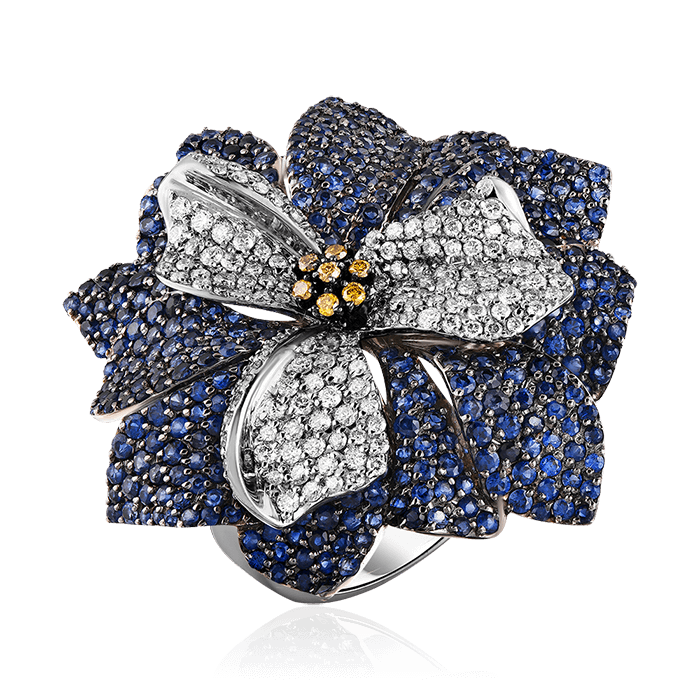 Кольцо Цветок с сапфиром, бриллиантами из белого золота 585 пробы, фото № 1