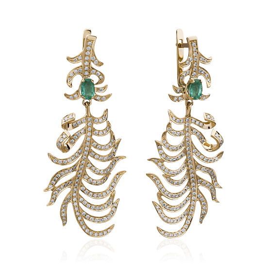 Длинные серьги с изумрудом, бриллиантами из желтого золота 750 пробы (арт. 35705)