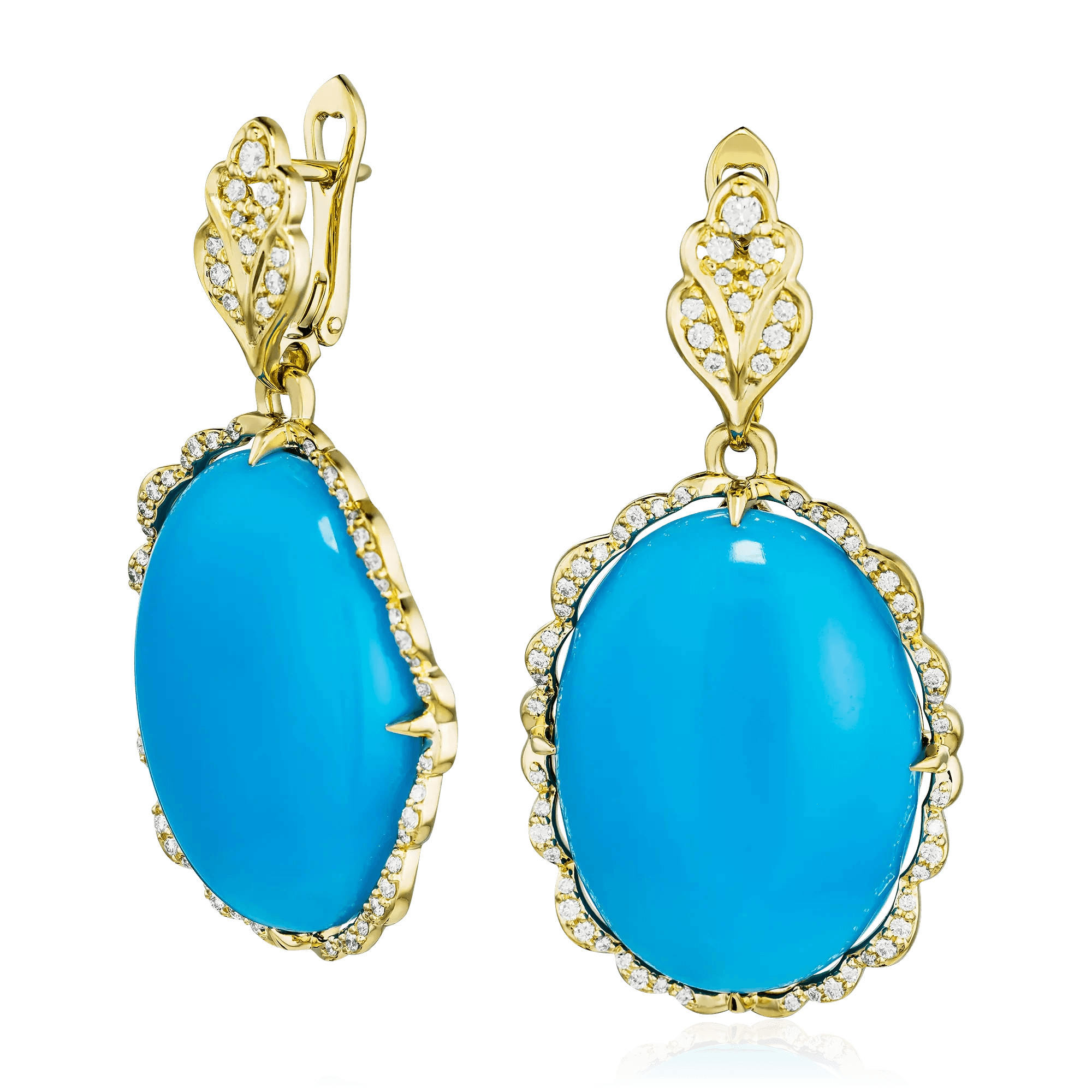 Серьги с бирюзой, бриллиантами из желтого золота 750 пробы (арт. 130594)
