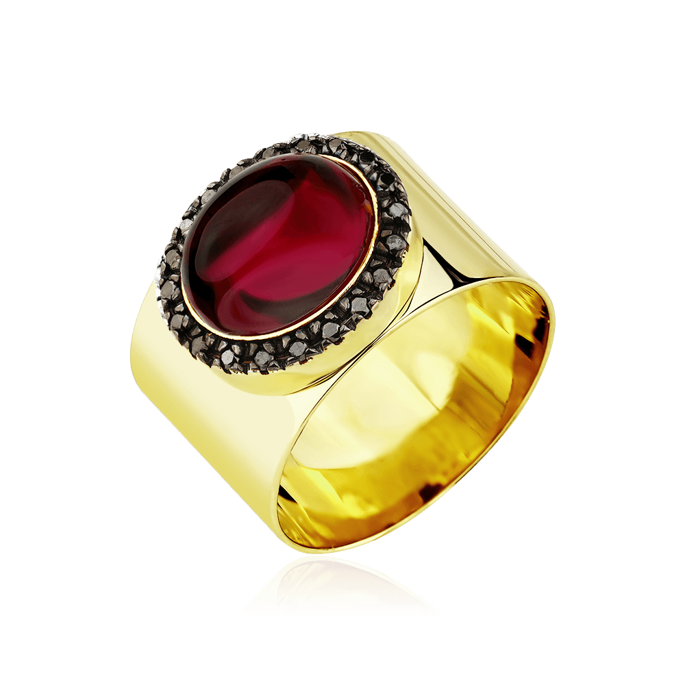 Кольцо с бриллиантами, родолитом из желтого золота 585 пробы, фото № 1