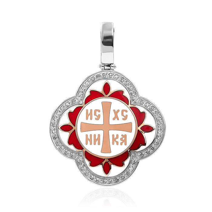Православный крест из красного и белого золота 585 пробы с горячей эмалью и бриллиантами, фото № 1