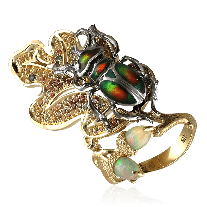 Кольцо с гранатом, бриллиантами, эмалью, опалом, сапфиром фантазийным из комбинированного золота 750 пробы (арт. 42116)