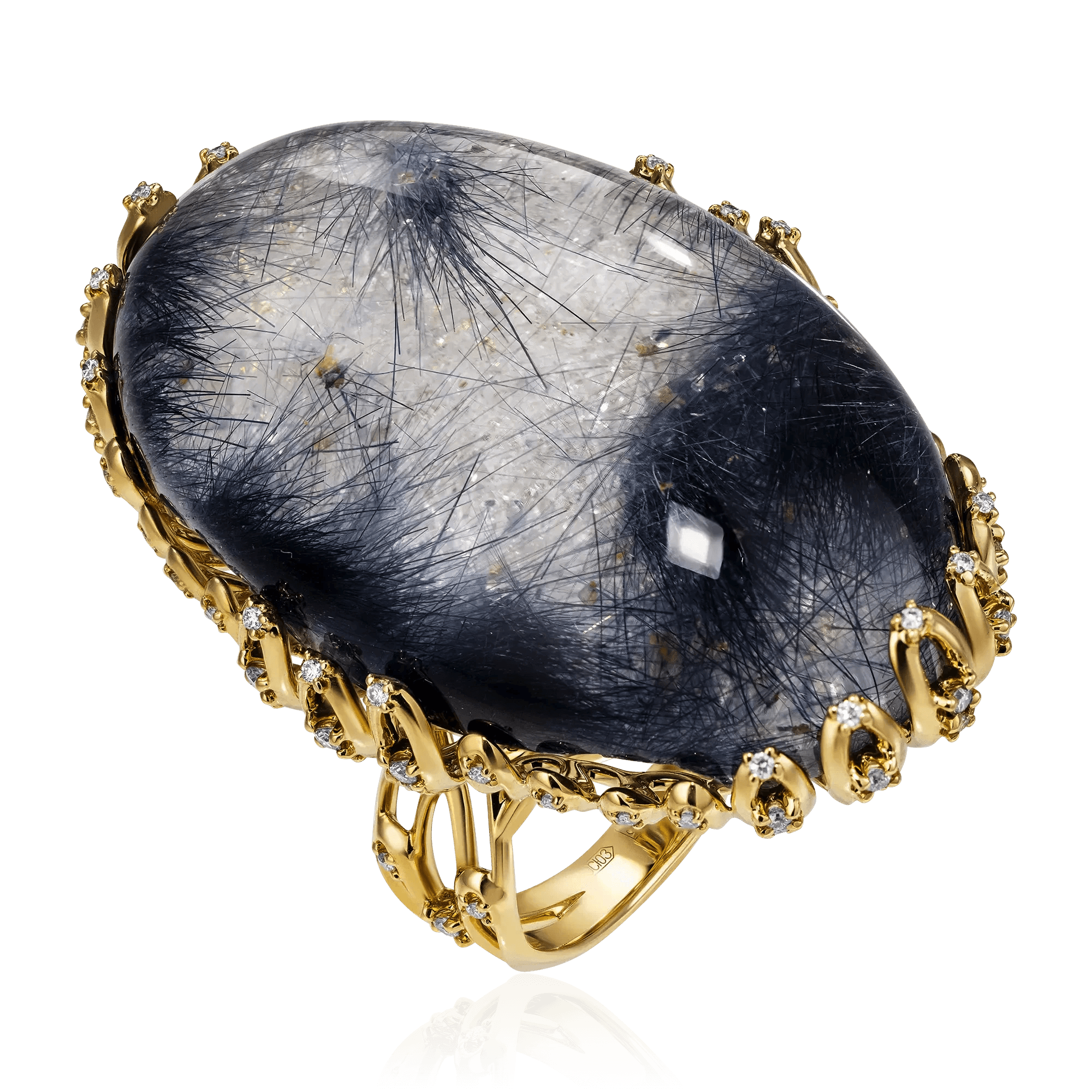 Кольцо с дюмортьеритом, бриллиантами из желтого золота 750 пробы (арт. 101787)