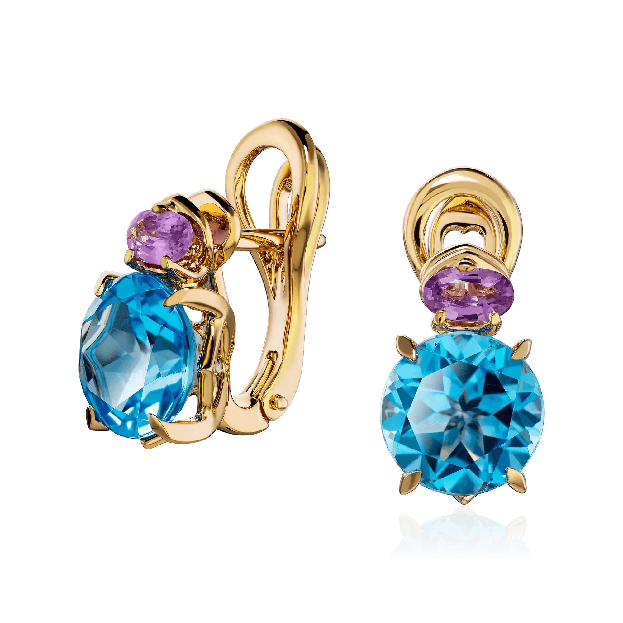 Серьги с топазом, сапфиром из желтого золота 750 пробы (арт. 128380)
