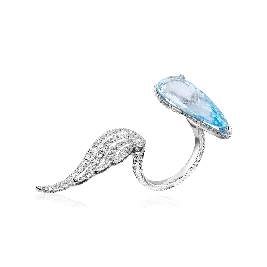 Кольцо с аквамарином, бриллиантами из белого золота 750 пробы, фото № 1