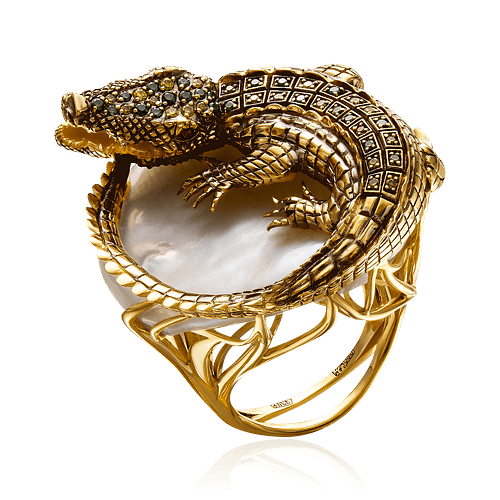 Кольцо Крокодил с жемчугом, бриллиантами из желтого золота 585 пробы, фото № 1