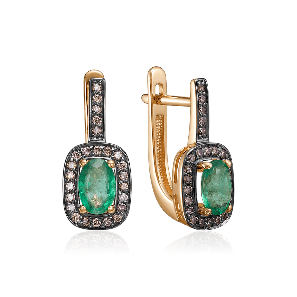 Серьги с бриллиантами, изумрудом из красного золота 585 пробы (арт. 129210)