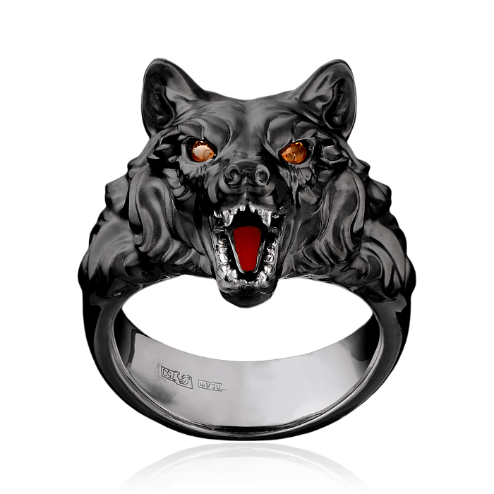 Мужское кольцо Волк с цветными сапфирами и эмалью в черненом золоте 750 пробы, фото № 2