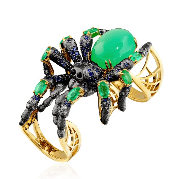 Кольцо бандажное Паук с сапфиром, бриллиантами, изумрудом, ониксом, хризопразом из желтого золота 750 пробы, фото № 1