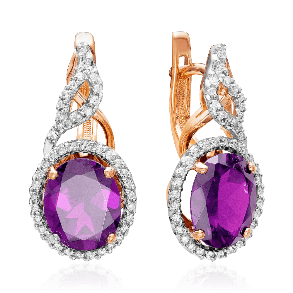 Серьги с аметистом, бриллиантами из комбинированного золота 585 пробы, фото № 1