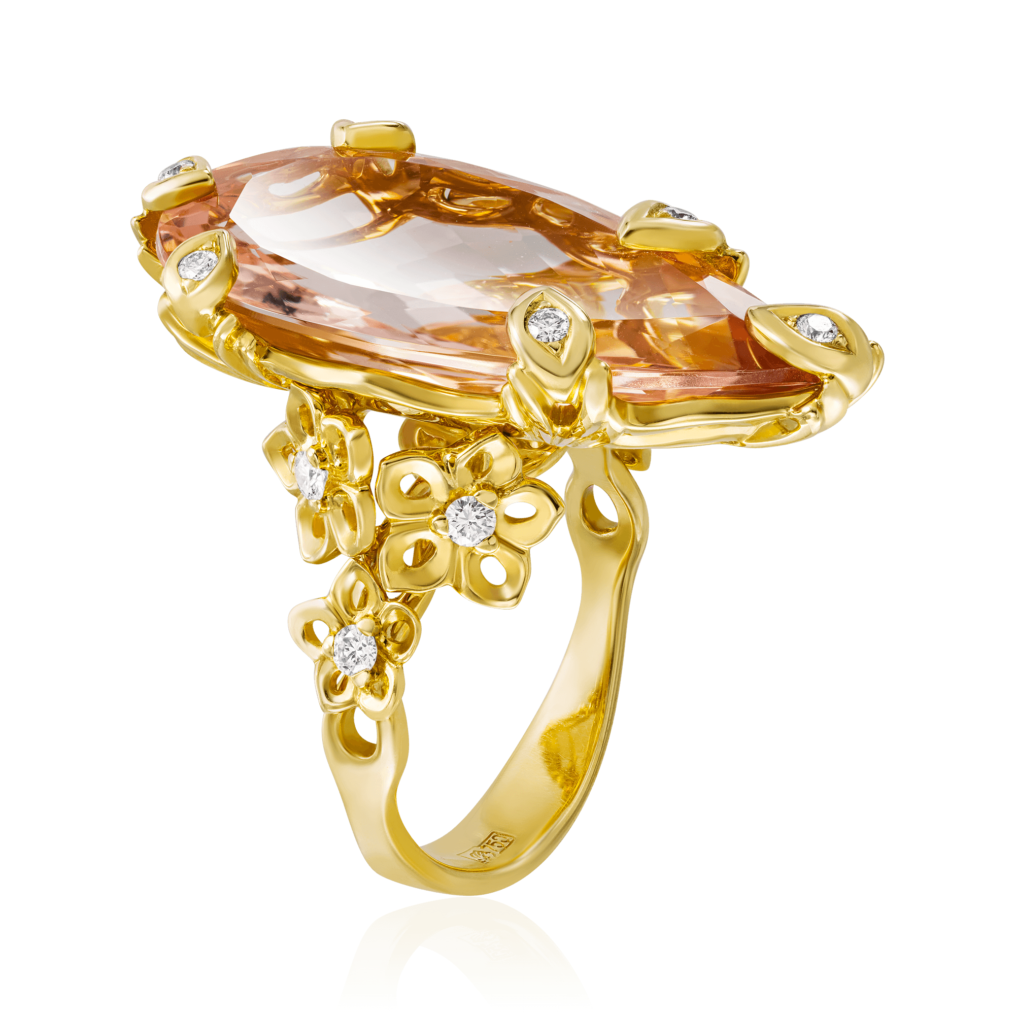 Кольцо с морганитом, бриллиантами из желтого золота 750 пробы, фото № 3