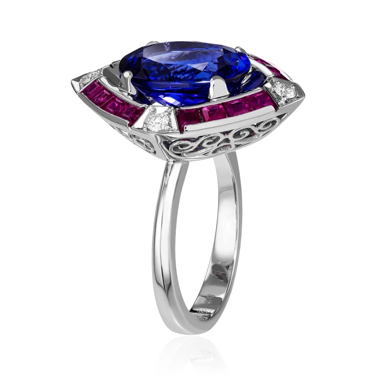 Кольцо с танзанитом, рубином, бриллиантами из белого золота 750 пробы, фото № 3