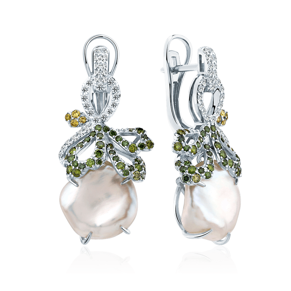 Серьги с жемчугом, бриллиантами из белого золота 585 пробы (арт. 131639)