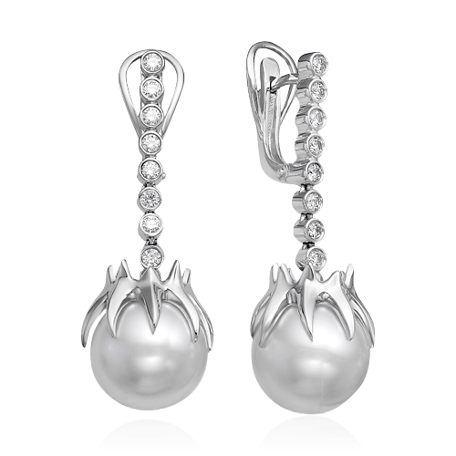 Серьги с жемчугом, бриллиантами из белого золота 585 пробы, фото № 1