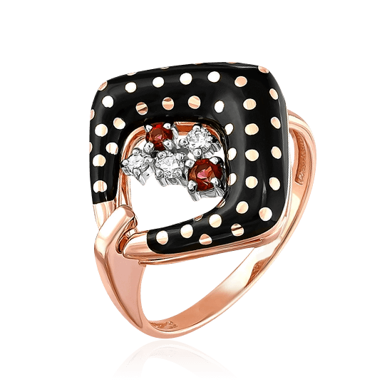 Коктейльное кольцо в форме ромба из красного золота 585 пробы с чёрной горячей эмалью с «гороховым» принтом, алыми топазами Swarovski и бриллиантами (арт. 45170)