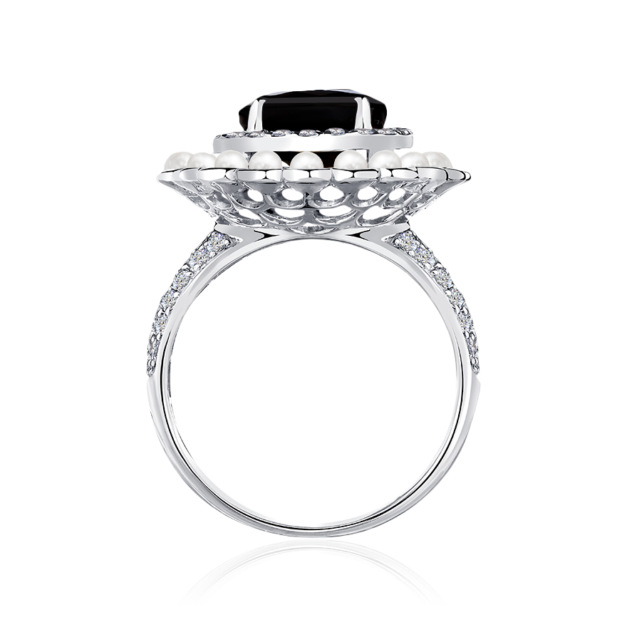 Кольцо с сапфиром, бриллиантами, жемчугом из белого золота 585 пробы, фото № 3