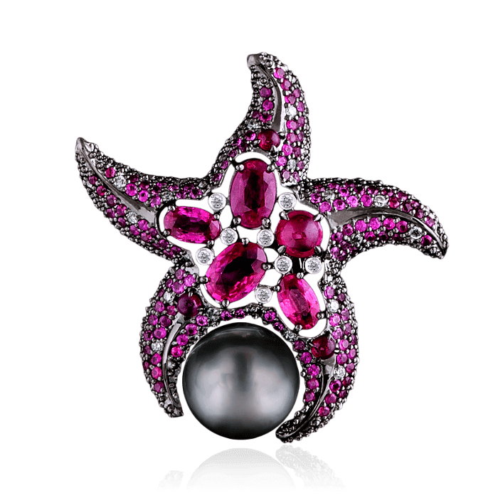 Брошь Морская звезда с морской жемчужиной, рубинами, розовыми сапфирами и черными бриллиантами в черненом золоте 750 пробы, фото № 1