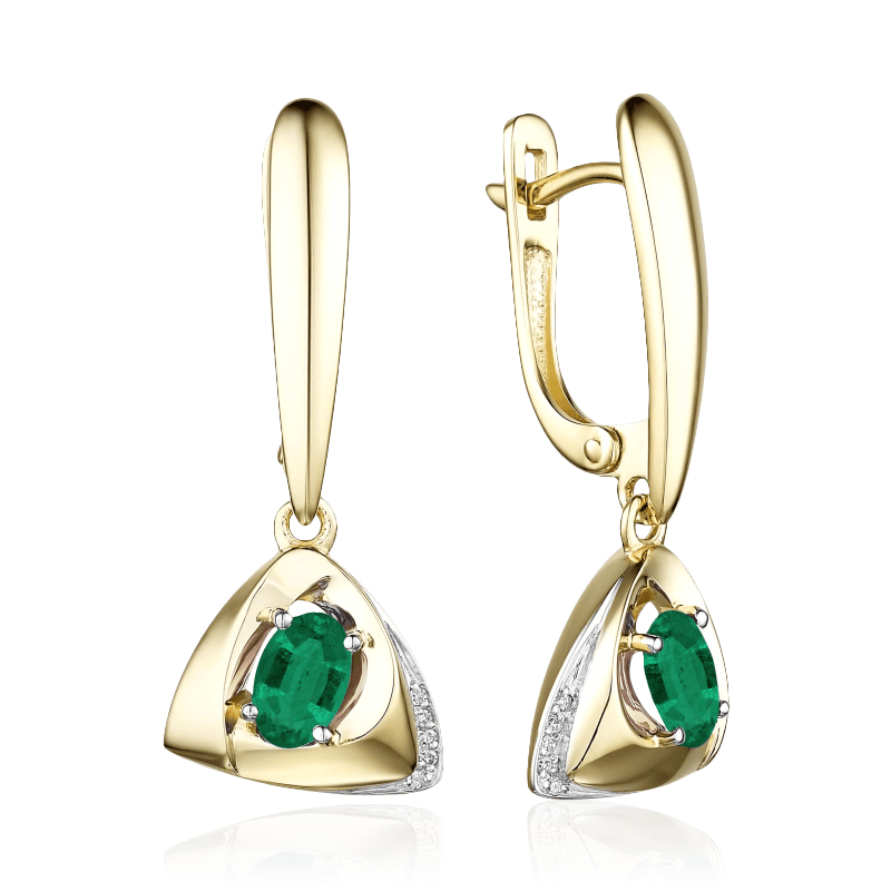 Серьги  с изумрудом, бриллиантами из желтого золота 585 пробы (арт. 93252)