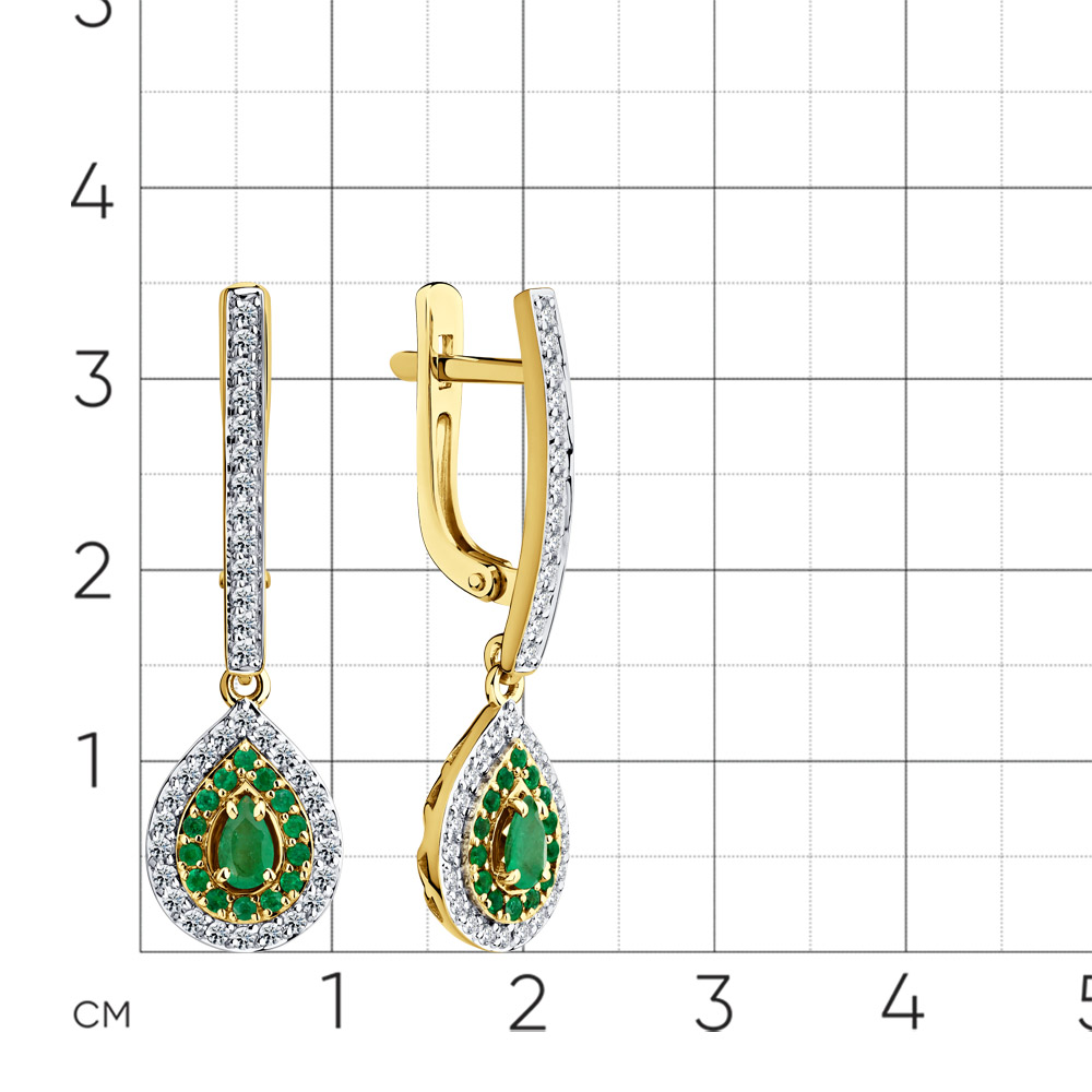 Серьги с изумрудом, бриллиантами из желтого золота 585 пробы, фото № 2
