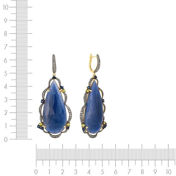 Серьги с корундом, сапфиром, бриллиантами из желтого золота 585 пробы, фото № 3