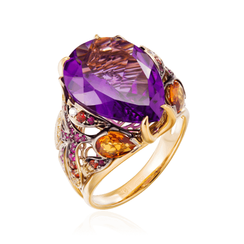 Кольцо с аметистом, сапфирами цветными, рубинами, бриллиантами из комбинированного золота 585 пробы (арт. 52258)