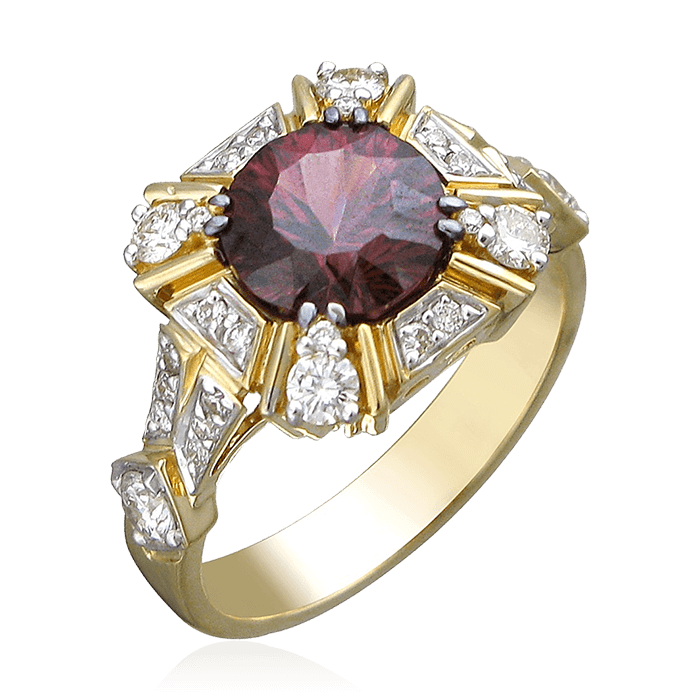 Кольцо с родолитом, бриллиантами из комбинированного золота 750 пробы, фото № 1
