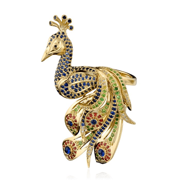 Кольцо Павлин с цветными камнями и бриллиантами в желтом золоте 750 пробы (арт. 27847)