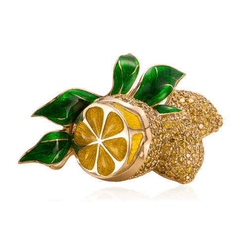Брошь Лимоны с бриллиантами, эмалью из желтого золота 585 пробы, фото № 1
