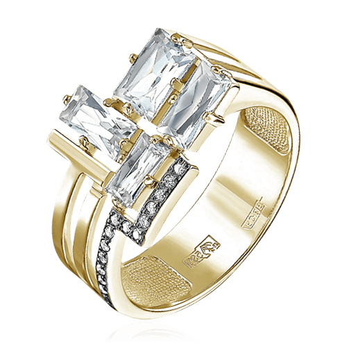 Кольцо с горным хрусталем, бриллиантами из желтого золота 585 пробы (арт. 82284)