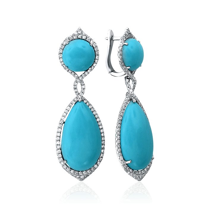 Длинные серьги с бриллиантами, бирюзой из белого золота 585 пробы, фото № 1