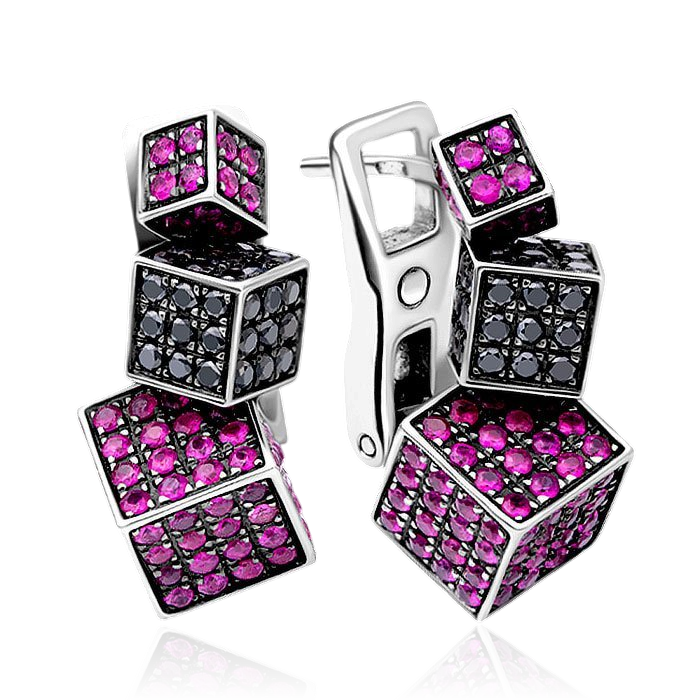 Геометрические серьги Cube с рубином, бриллиантами из белого золота 585 пробы (арт. 44963)
