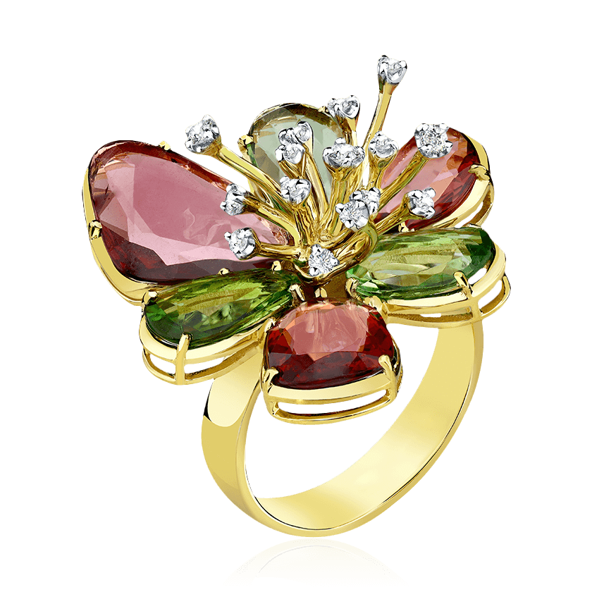 Кольцо с бриллиантами, турмалином, родолитом из желтого золота 585 пробы (арт. 104600)