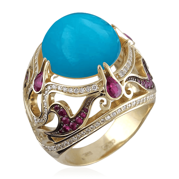 Кольцо с бирюзой, рубином, бриллиантами из желтого золота 750 пробы, фото № 1