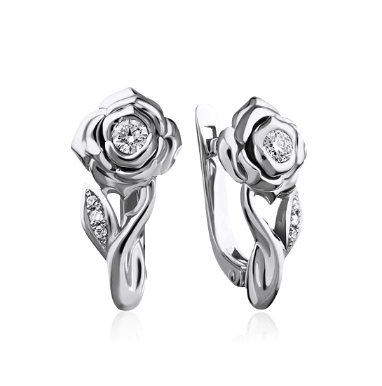 Серьги Розы с бриллиантами из белого золота 585 пробы, фото № 1