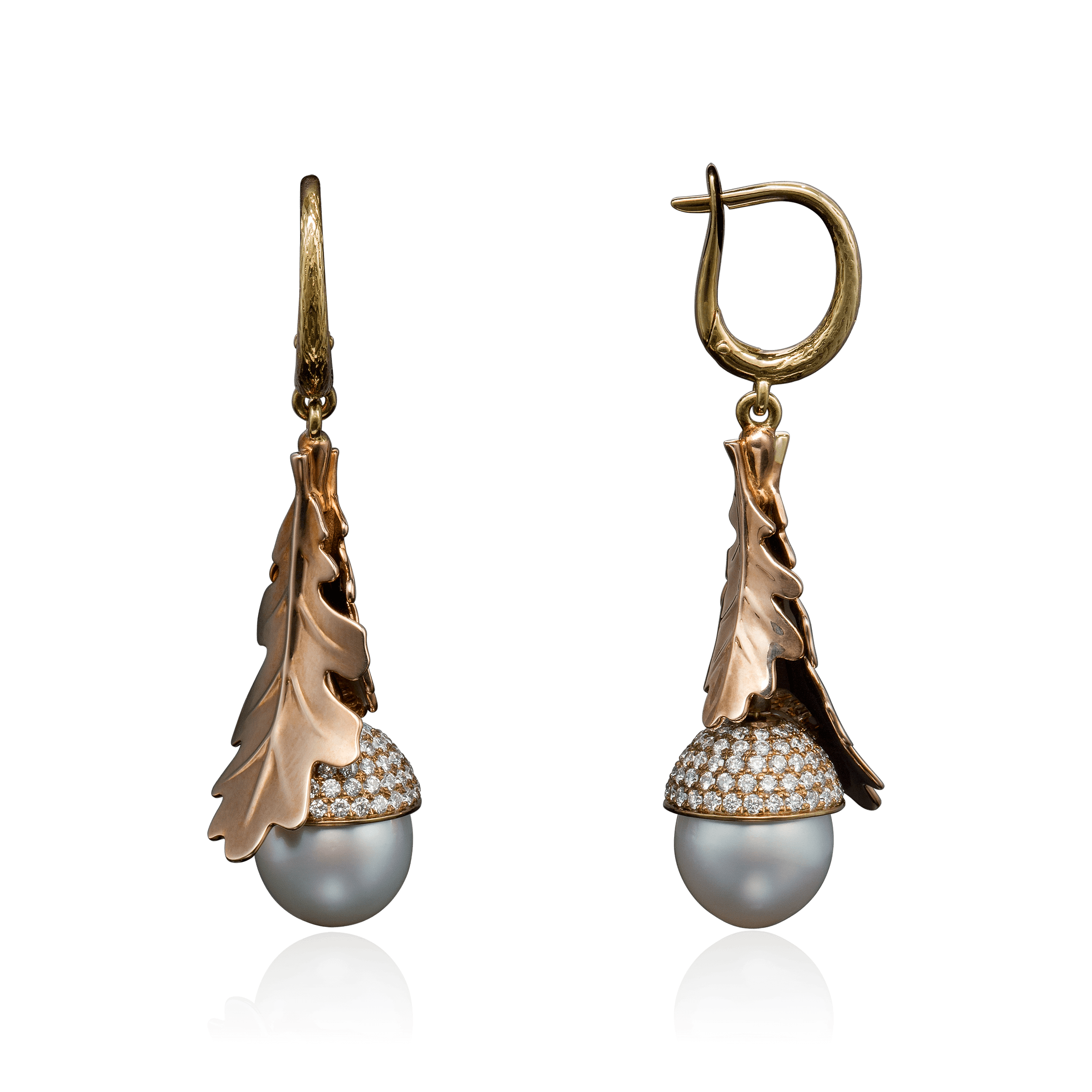Серьги Желуди с жемчугом, бриллиантами из белого золота 750 пробы (арт. 103822)