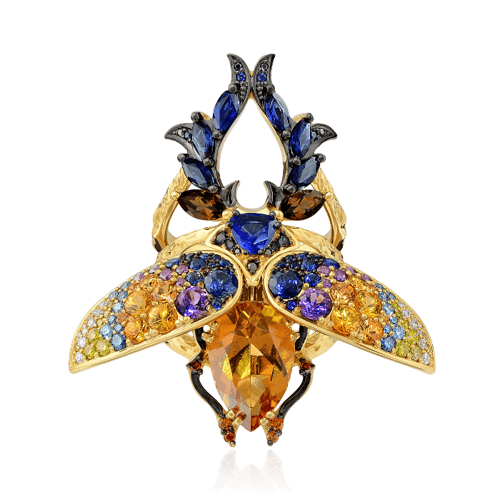Кольцо жук-олень с цитрином, аметистом, кварцем, подвижными крыльями с бриллиантами, сапфиром фантазийным из комбинированного золота 750 пробы, фото № 2