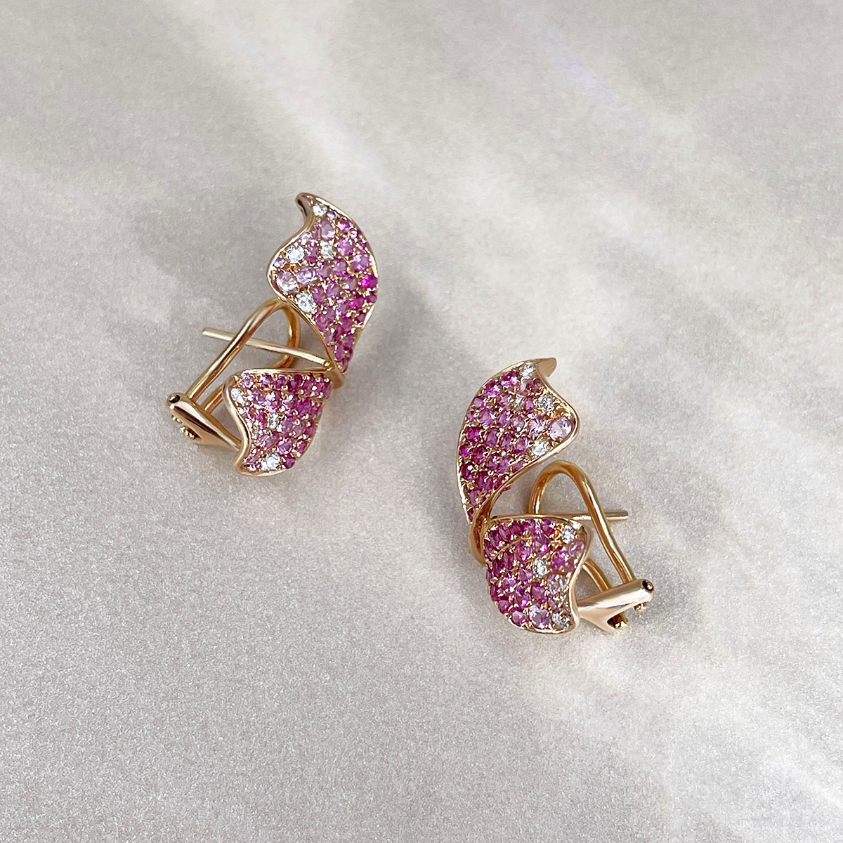 Серьги бабочки с розовыми сапфирами, бриллиантами из красного золота 585 пробы, фото № 3