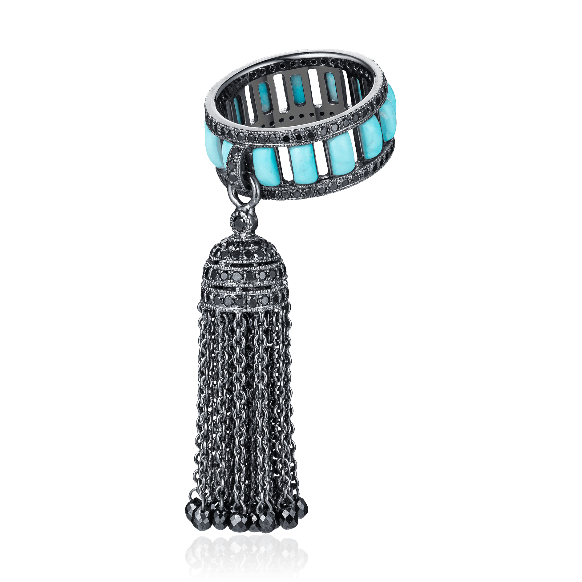 Кольцо-кисть с бирюзой и бриллиантами в огранке «Бриолет» из черненого золота 750 пробы, фото № 1