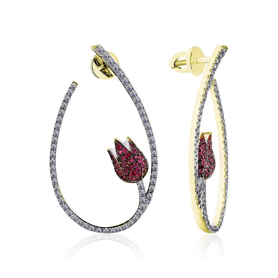 Серьги Тюльпаны с рубином, бриллиантами из желтого золота 585 пробы (арт. 84878)