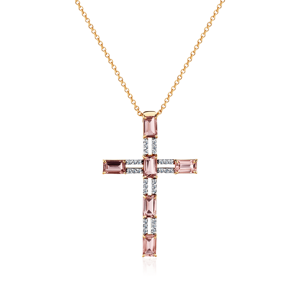 Крестик с турмалином, бриллиантами из красного золота 585 пробы, фото № 1