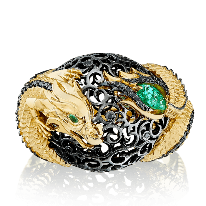 Кольцо Дракон с изумрудом, тсаворитом, бриллиантами из желтого золота 585 пробы, фото № 2