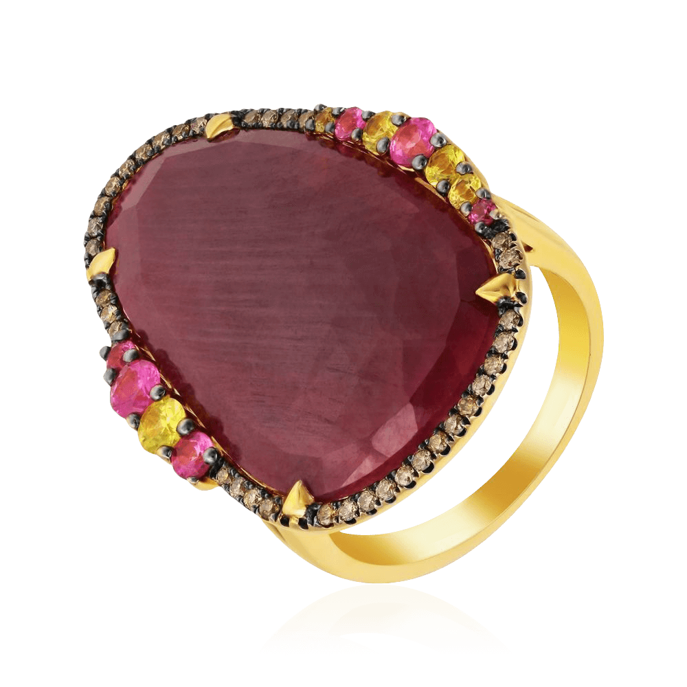 Кольцо с сапфиром, бриллиантами, корундом из желтого золота 585 пробы, фото № 1