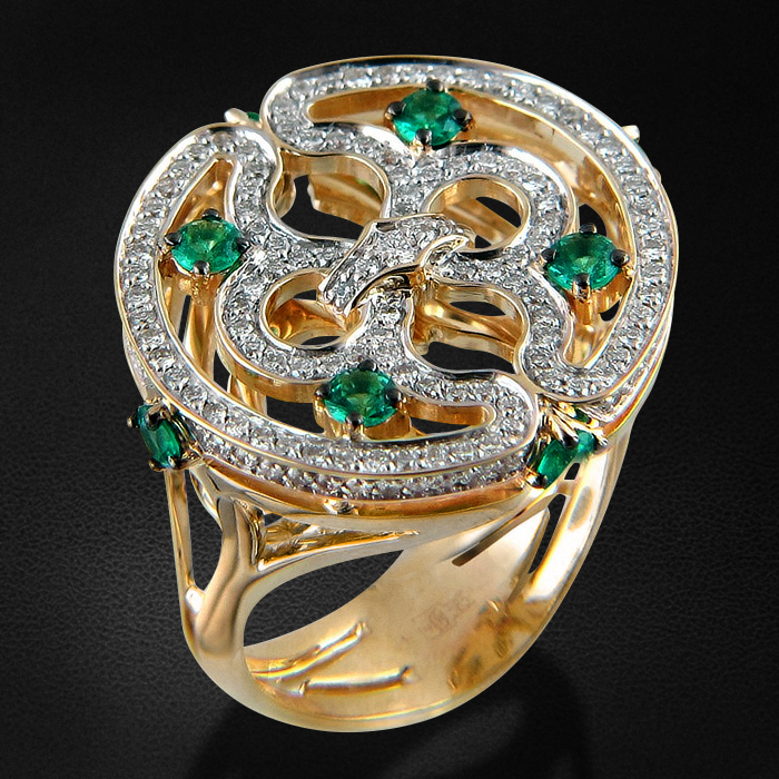 Кольцо с изумрудом, бриллиантами из желтого золота 585 пробы, фото № 1