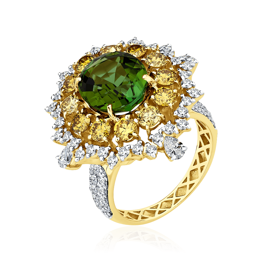 Кольцо с турмалином, бриллиантами из желтого золота 585 пробы (арт. 103245)