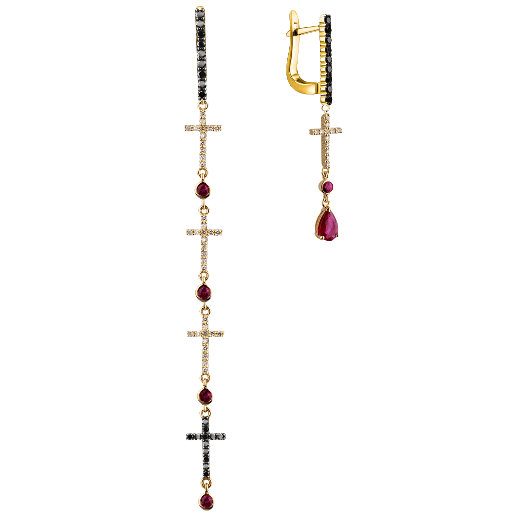 Асимметричные серьги в виде крестов с рубинами, черными бриллиантами из желтого золота 585 пробы (арт. 93669)